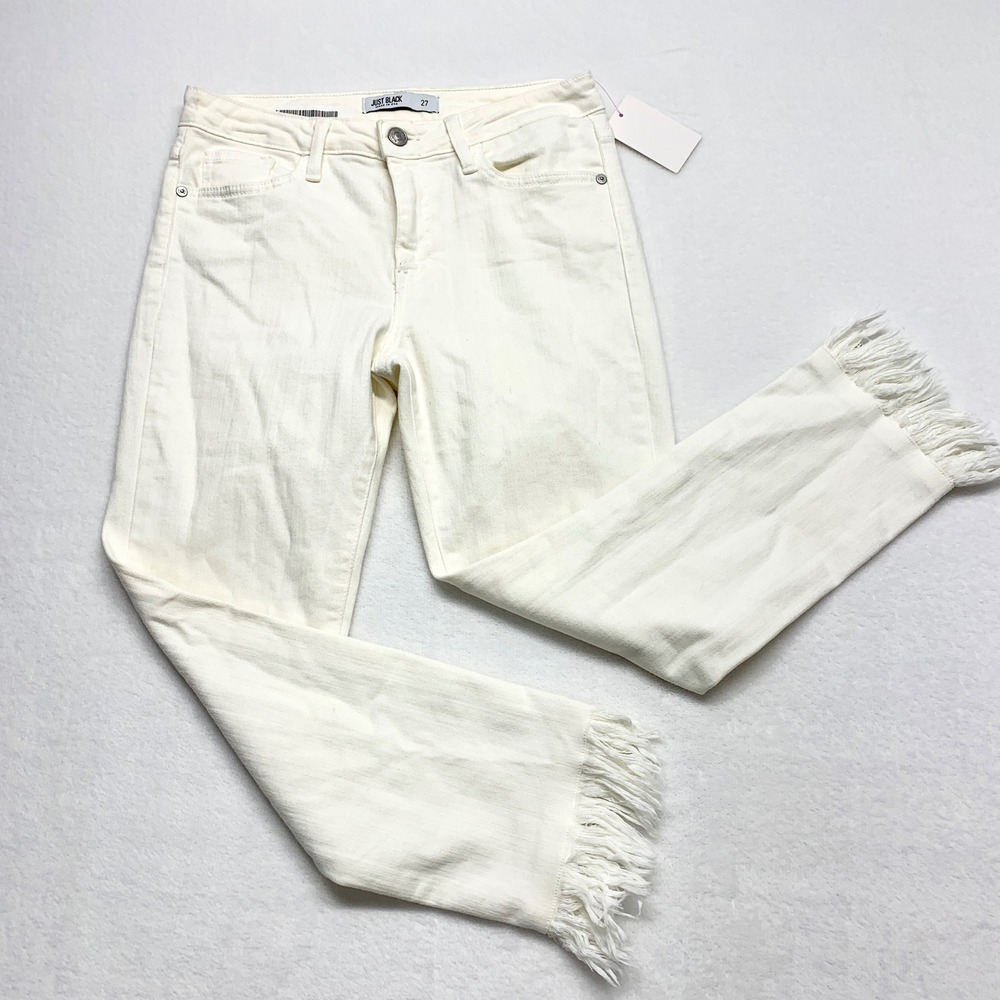 Just Black Fringe Hem Straight Jeans‎ Womens Size 27 White Denim Boho BP111U